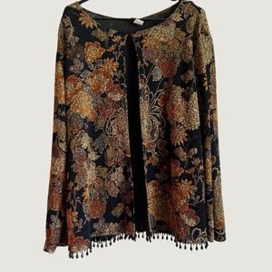MSK Women 2X Floral Metallic Beaded Fringe Evening Jacket Black Gold Bronze USA